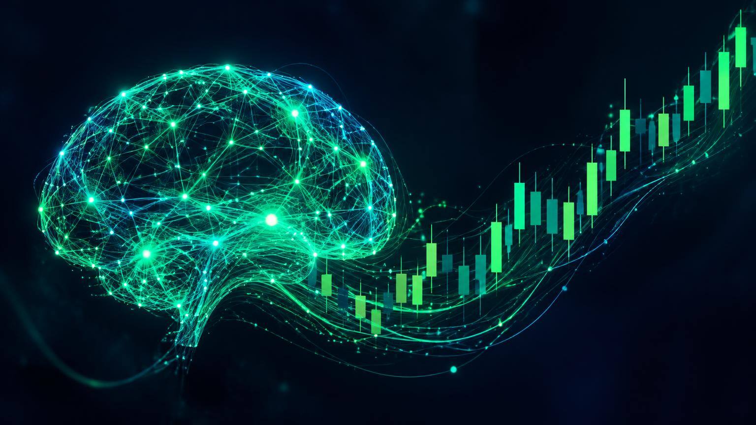 Neuraledge AI trading platform concept: neural network brain turning market data into rising trading charts