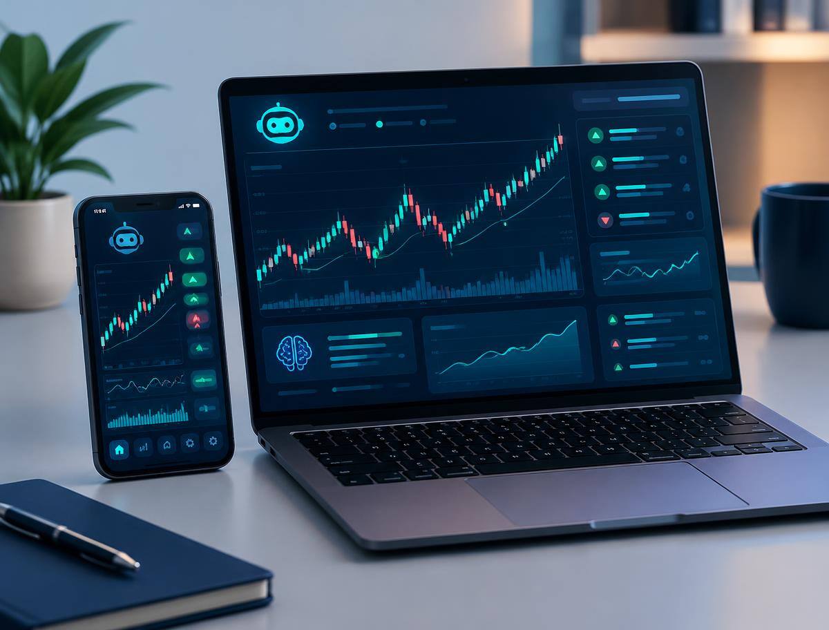 Neuraledge AI trading app dashboard on laptop and smartphone showing AI signals and live charts